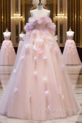 Fairy Ball Gown Strapless Pink Tulle Semi Formal Prom Dresses Long Party Dress